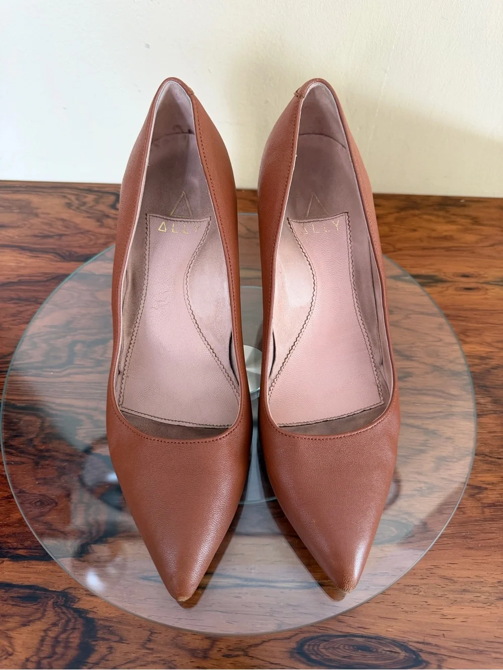 ALLY Shoes Caramel Brown Leather Pointed Block Heel Pumps 37.5B / US 7 7.5